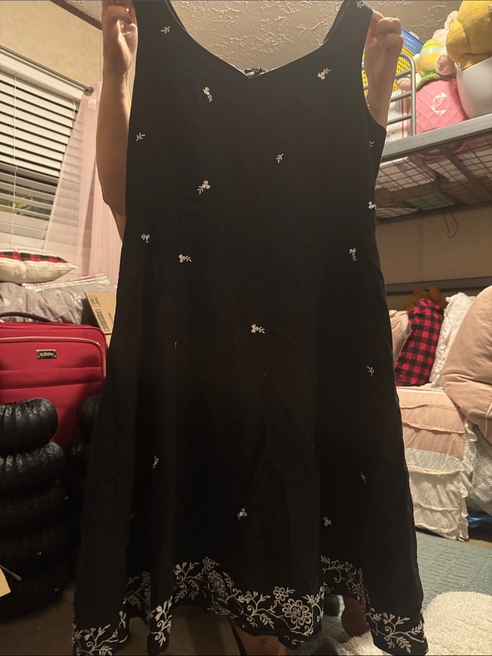 Black Sleeveless Midi Dress with White Floral Embroidery